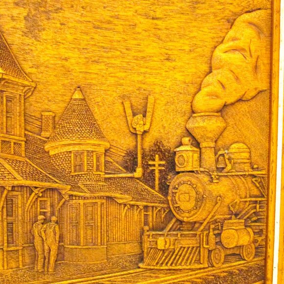 Vintage "Meeting at the Station" wood carving by Kim Murray shown in carved deta - Picture 4 of 8